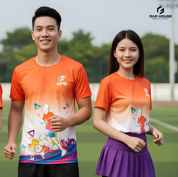 áo phông đồng phục nhóm 3d màu cam phối trắng gradient