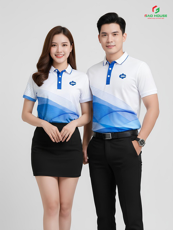 áo polo đồng phục công ty màu trắng phối xanh