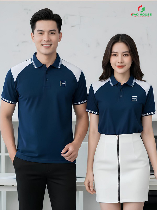 áo polo xanh dương phối vai trắng