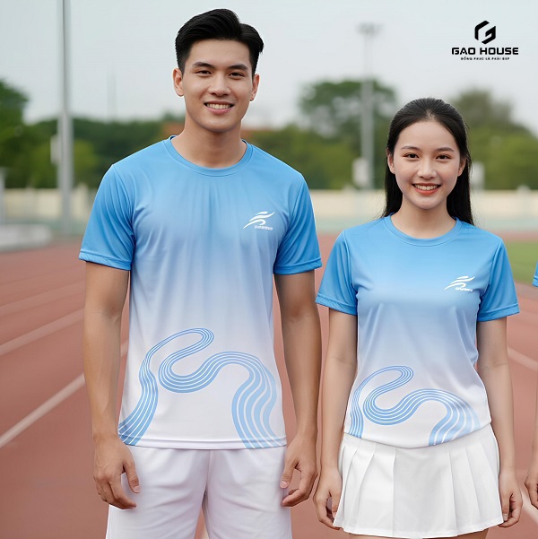 áo thun đồng phục nhóm 3d màu xanh phối trắng