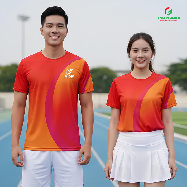 áo thun nhóm 3d màu đỏ phối cam gradient