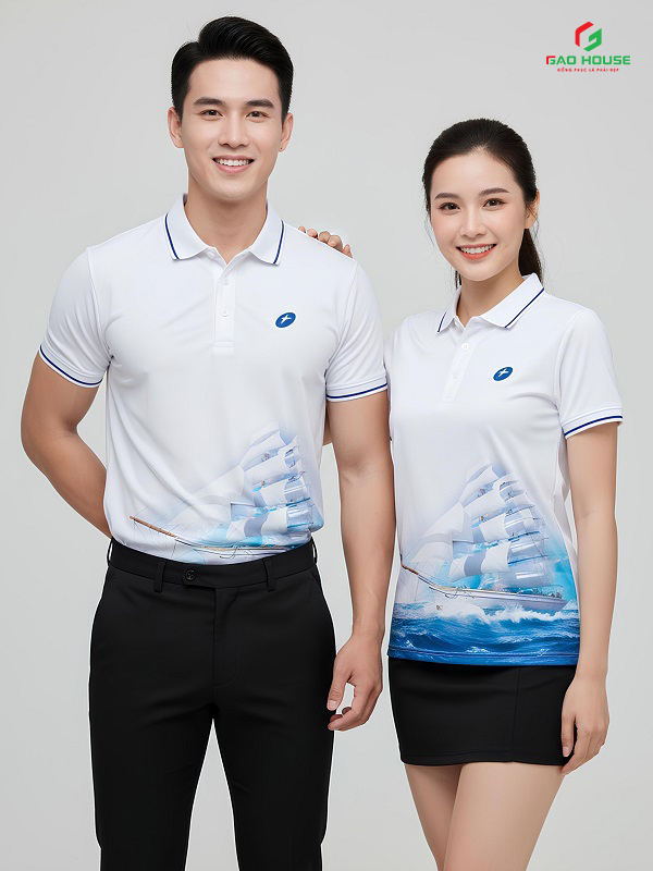 áo 3d công ty màu trắng phối cổ line xanh