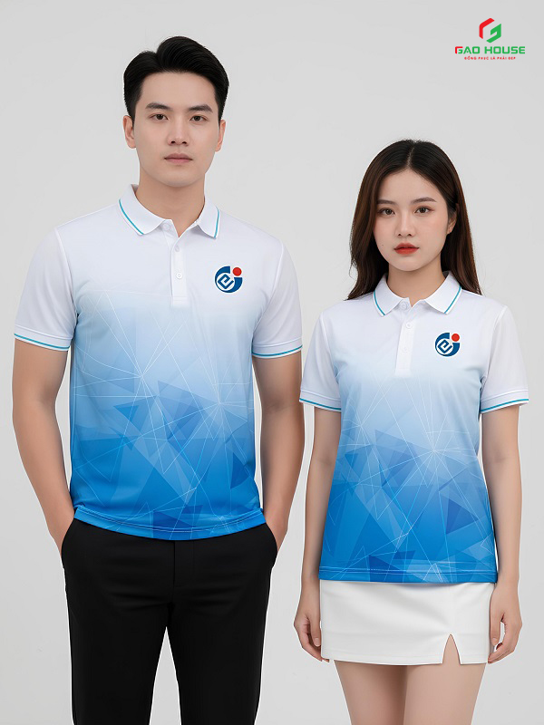 áo đồng phục 3d cổ bẻ màu trắng xanh