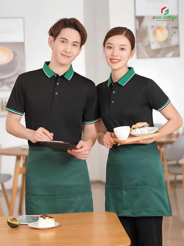 áo đồng phục nhà hàng màu đen phối cổ xanh lá