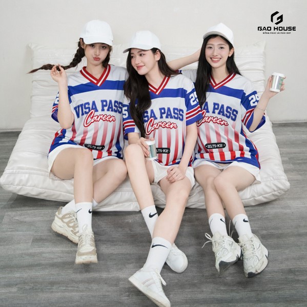áo đồng phục nhóm màu trắng phối xanh dương