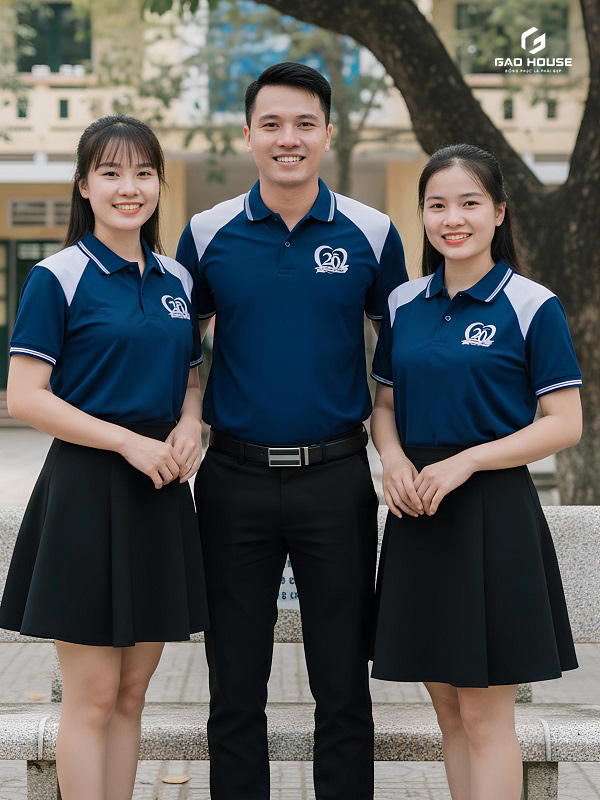 đồng phục họp lớp màu xanh phối vai trắng
