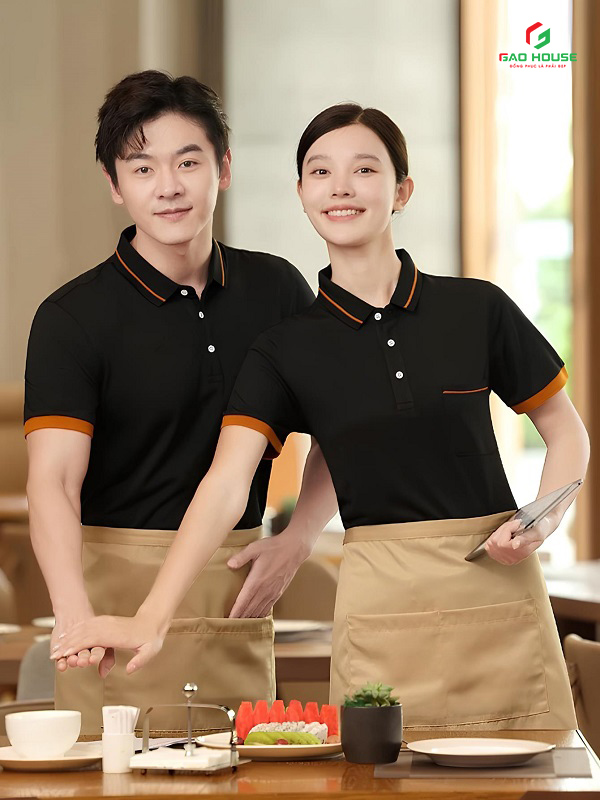 đồng phục nhà hàng màu đen phối bo tay