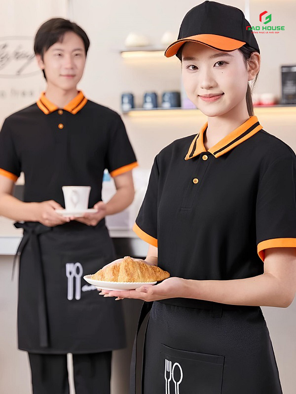 đồng phục nhà hàng màu đen phối cổ cam