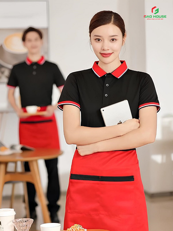 đồng phục nhà hàng màu đen phối cổ đỏ