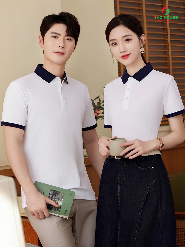 đồng phục nhà hàng màu trắng phối cổ xanh