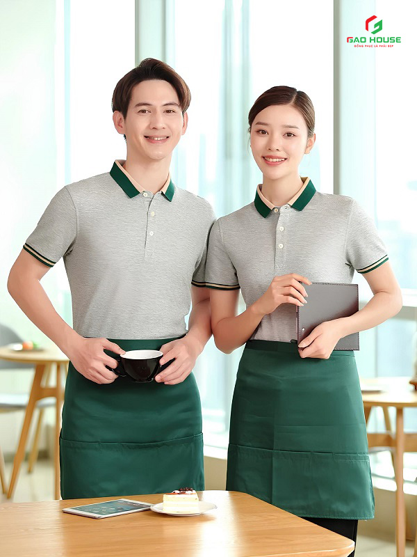 đồng phục nhà hàng màu xám phối cổ xanh lá