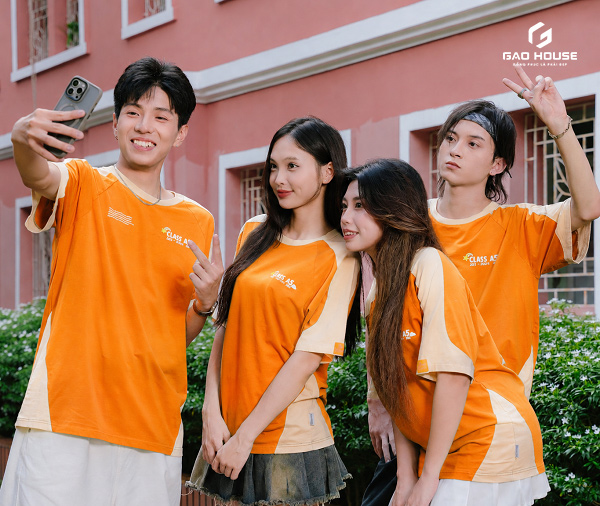 áo đồng phục lớp màu cam cổ tròn