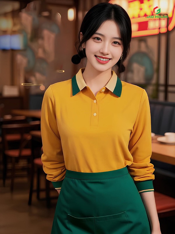 áo đồng phục nhà hàng màu cam phối xanh viển cổ bo tay