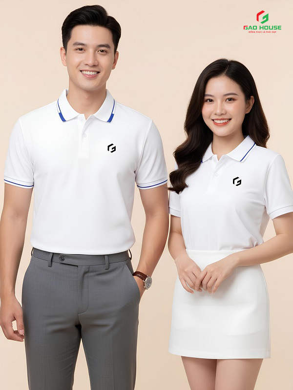 áo polo đồng phục doanh nghiệp màu trắng phối cổ line xanh