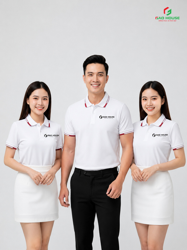 đồng phục công ty màu trắng phối cổ line đỏ