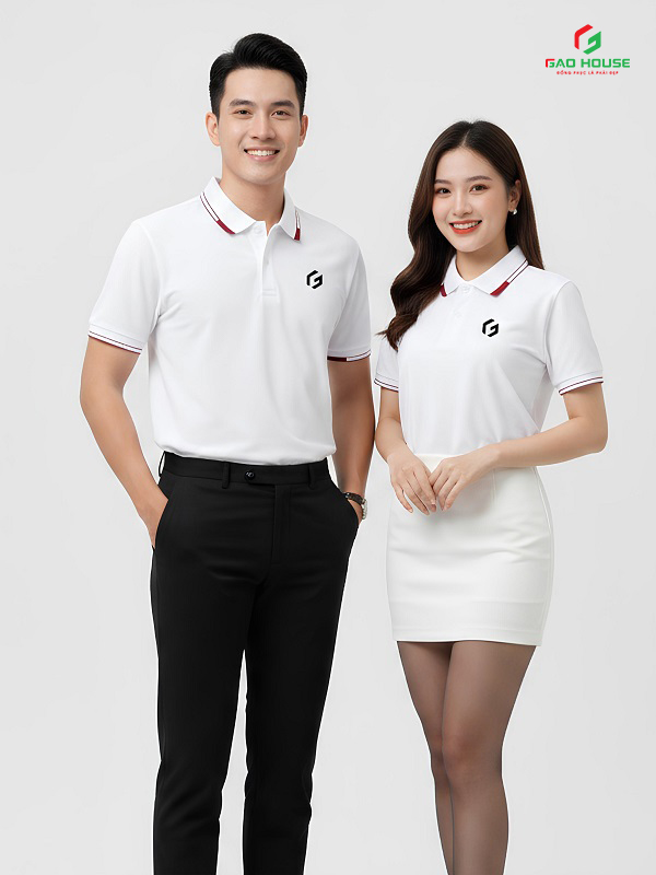 đồng phục công ty màu trắng phối cổ line đỏ