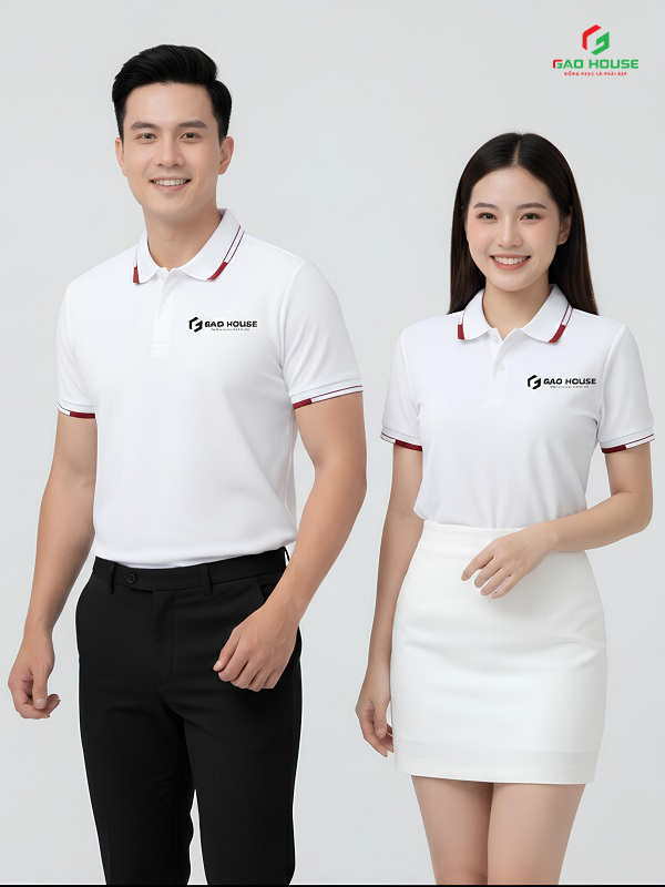 đồng phục công ty màu trắng phối cổ line đỏ
