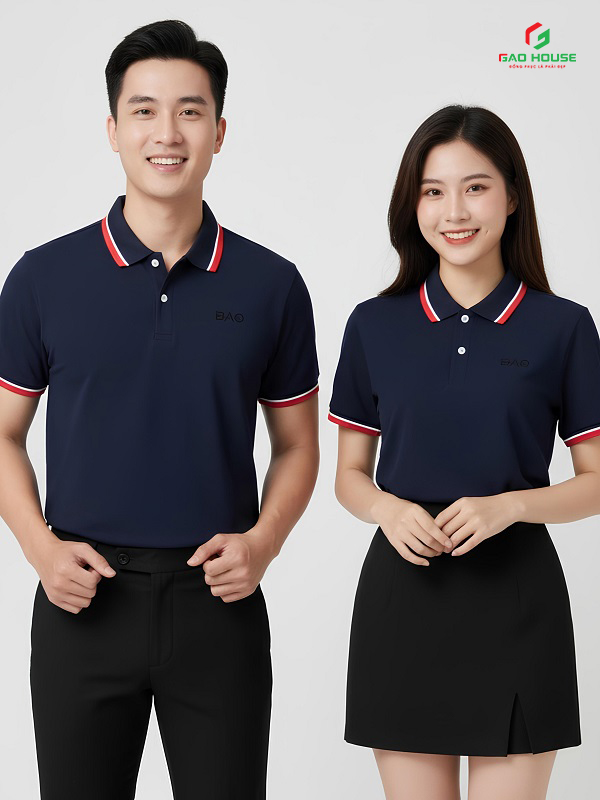 đồng phục doanh nghiệp màu xanh than phối bo cổ trắng đỏ