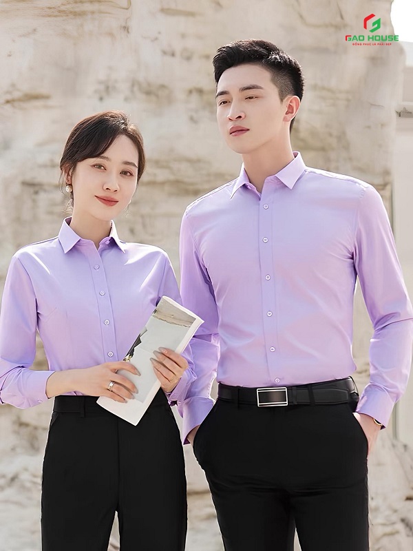 giải pháp may áo đồng phục màu tím bền màu chất lượng