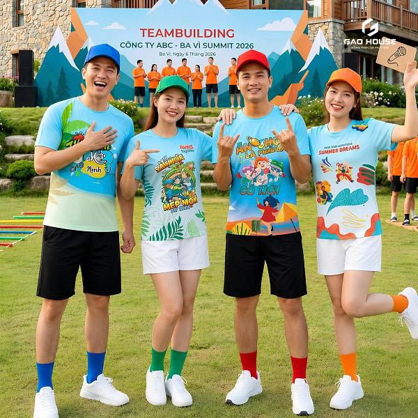 áo 3d đồng phục team building màu xanh cổ tròn