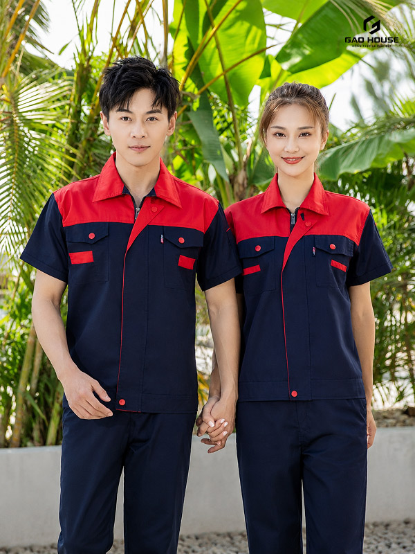 đồng phục bảo hộ lao động màu xanh than phối đỏ
