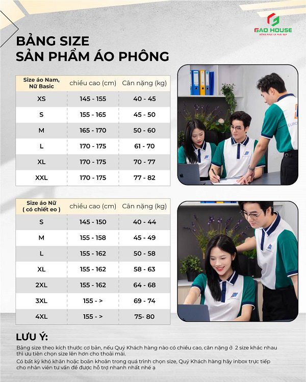 bảng size áo đồng phục công ty tại hải dương