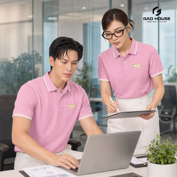 may áo đồng phục công ty màu hồng