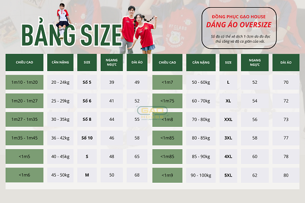 bảng size may áo đồng phục trường đại học nội vụ hà nội